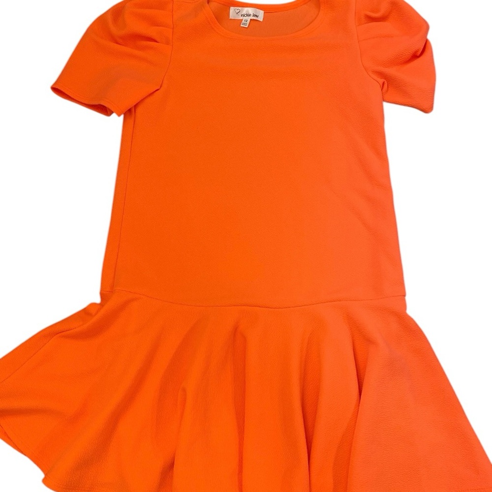 Nickie Lew Orange Solid Knit Puff Sleeve Ruffle Hem Knee Dress Size 12 NWT